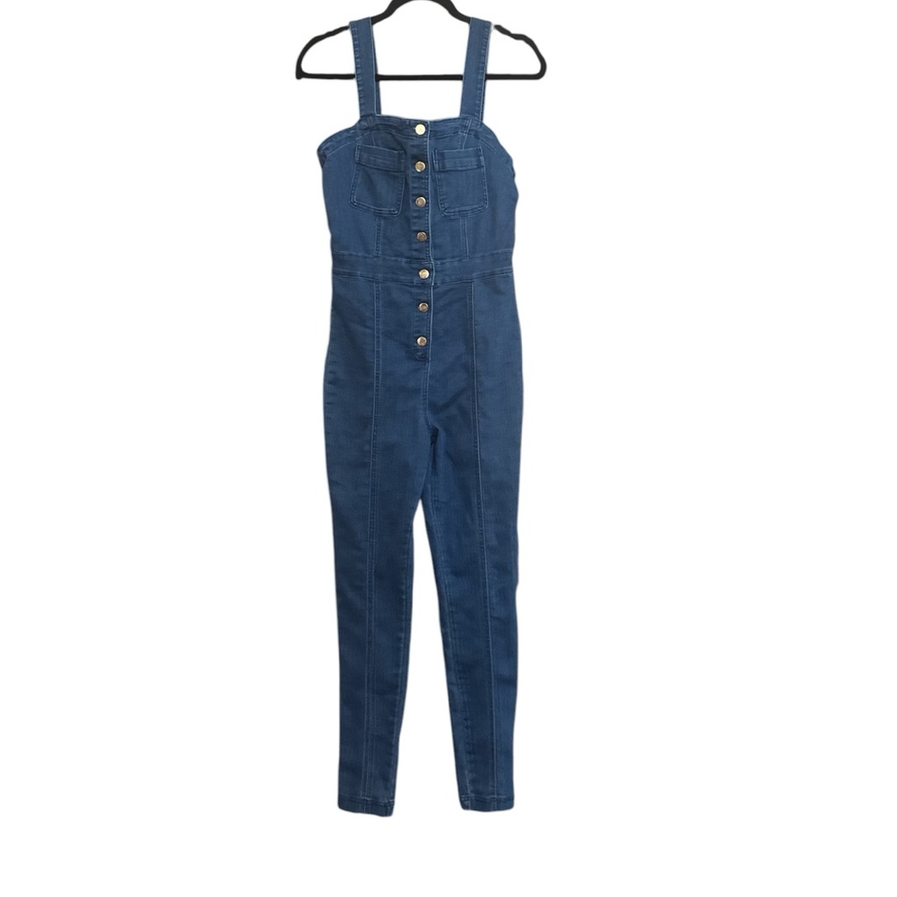 Haute Monde Blue Denim Fitted Jumpsuit with Straps